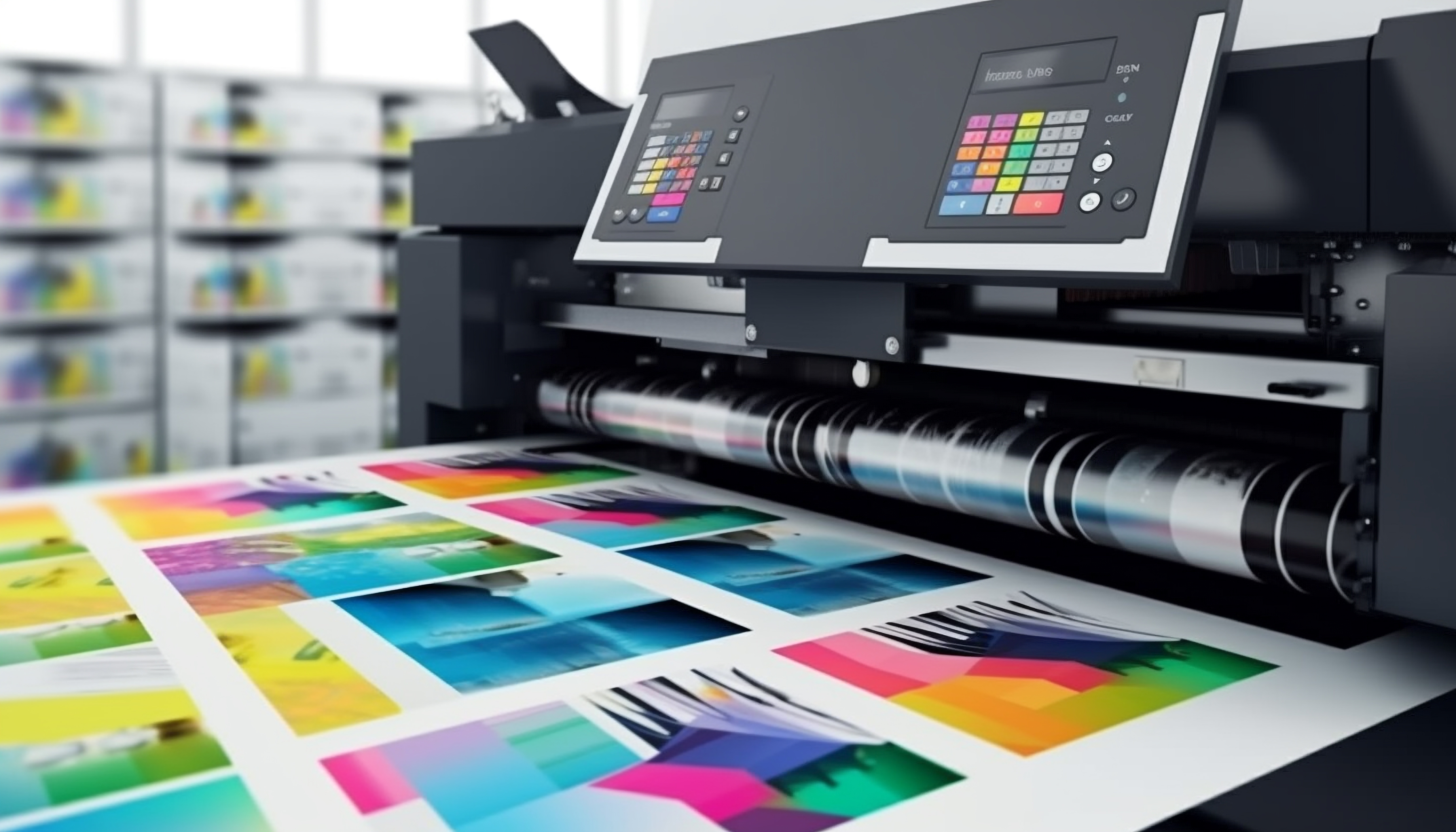 Custom printing examples including t-shirts, flyers, and bound publications